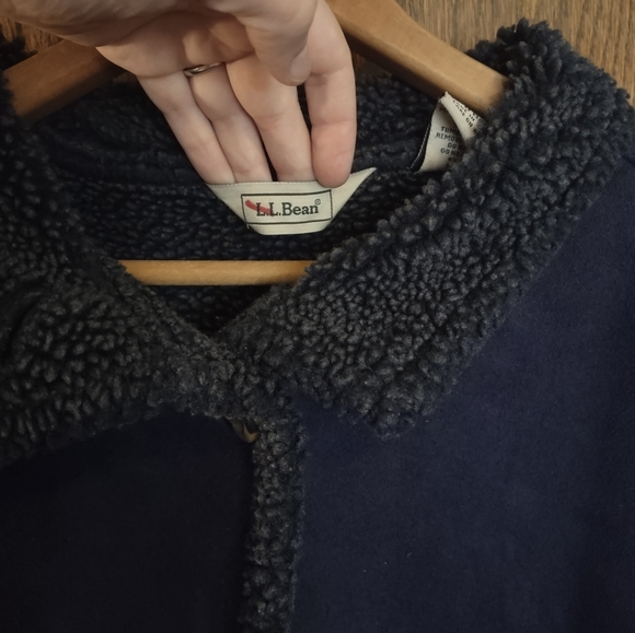 L.L. Bean 70s Style Faux Shearling Sherpa Coat | Navy, Button, Lambskin, Suede - Picture 12 of 14